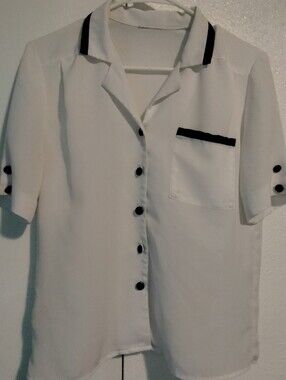 Vintage!! Contrast Trim Camp Collar Blouse White Black S/M